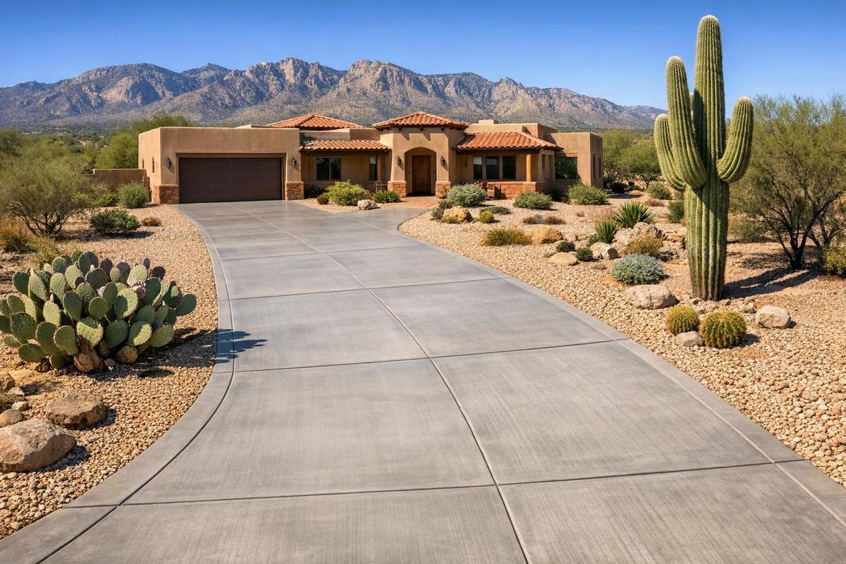 Concrete driveway leading to a Southwest-style home in Tucson with benefit of lasting durability