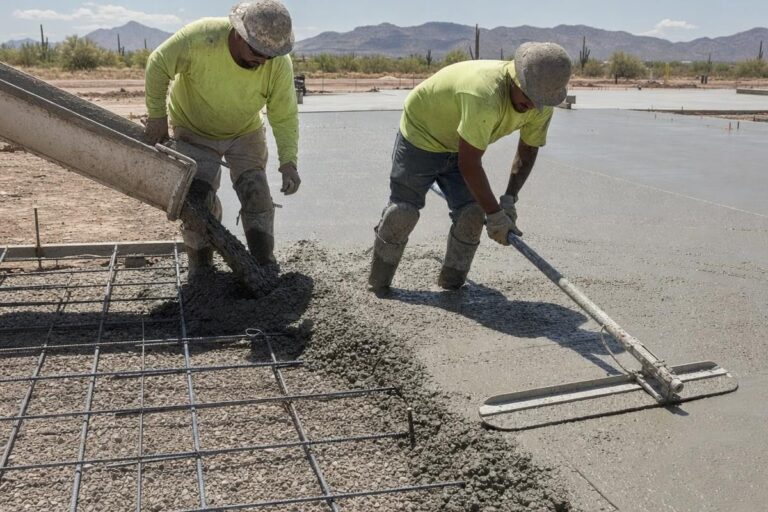 Concrete crew placing and finishing a commercial concrete slab at a Tucson, Arizona job site