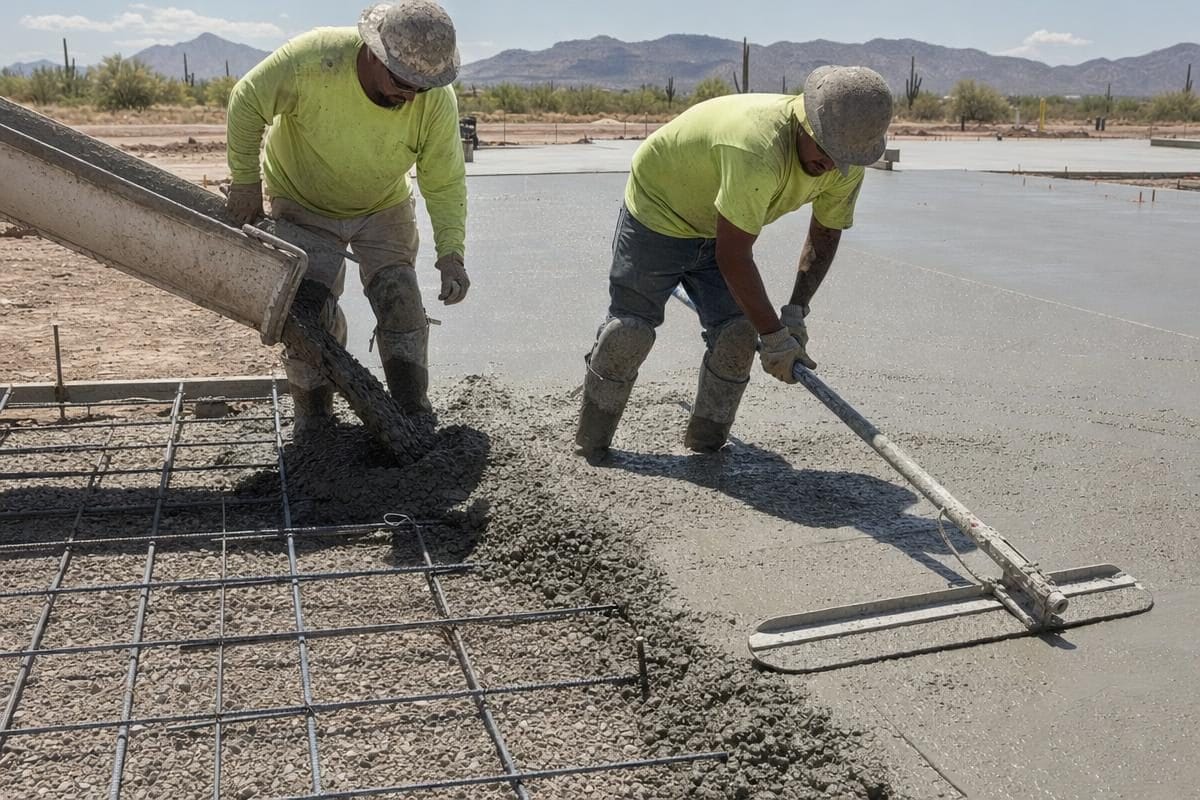 Concrete crew placing and finishing a commercial concrete slab at a Tucson, Arizona job site