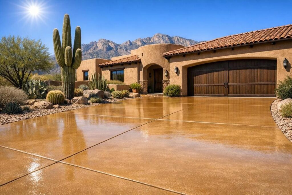 Concrete coating colors in desert tan on a Tucson home driveway with Southwest landscaping