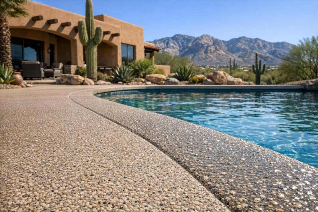 Slip-resistant concrete coating on Tucson pool deck for safety in wet conditions
