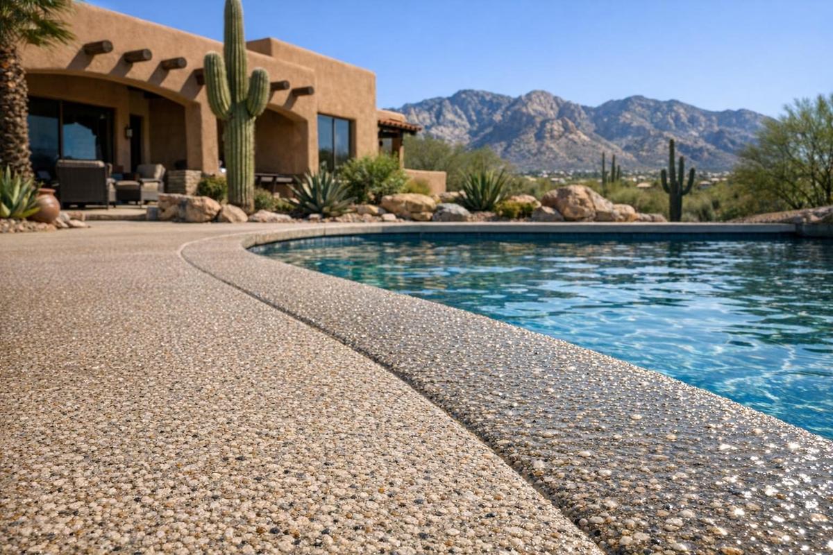 Slip-resistant concrete coating on Tucson pool deck for safety in wet conditions