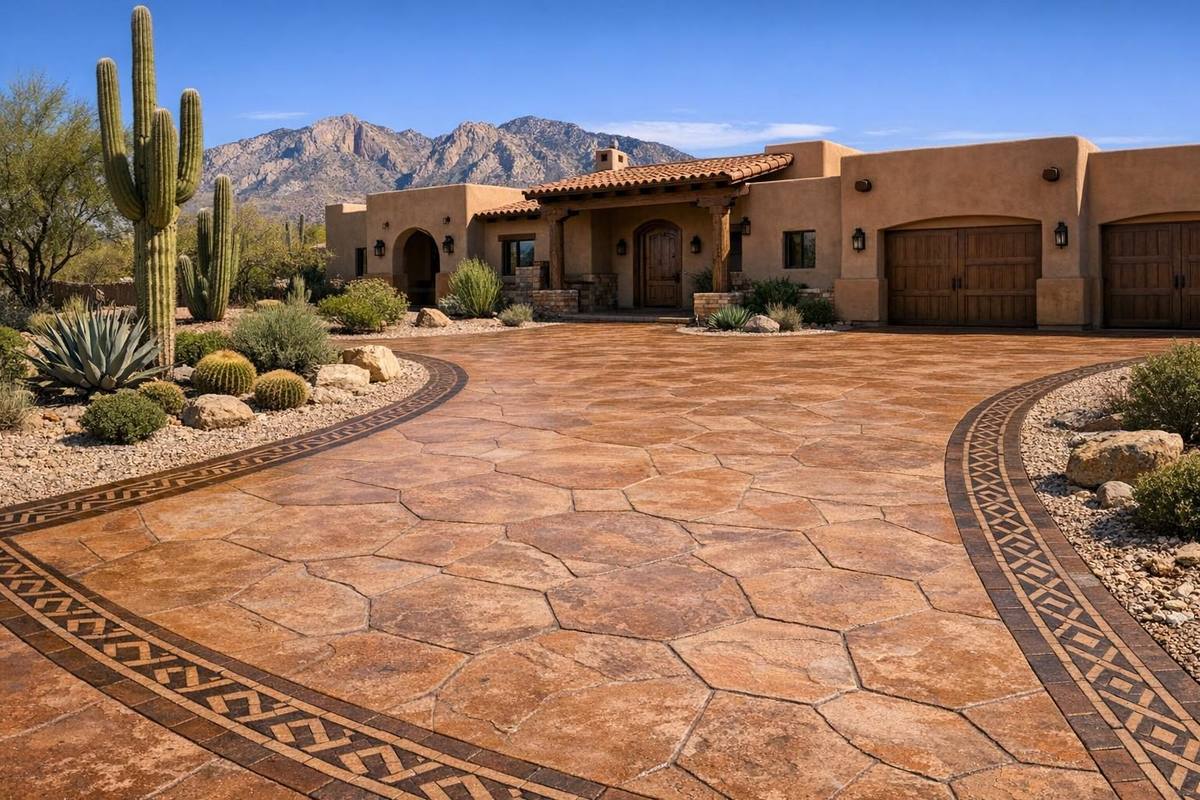 Stamped decorative concrete driveway design at a Tucson Arizona desert home