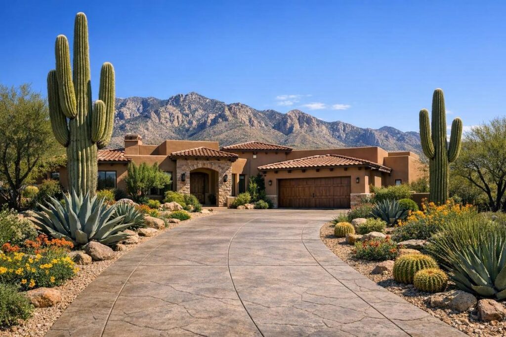 Stamped concrete driveway increasing home value at a Southwest-style Tucson Arizona residence