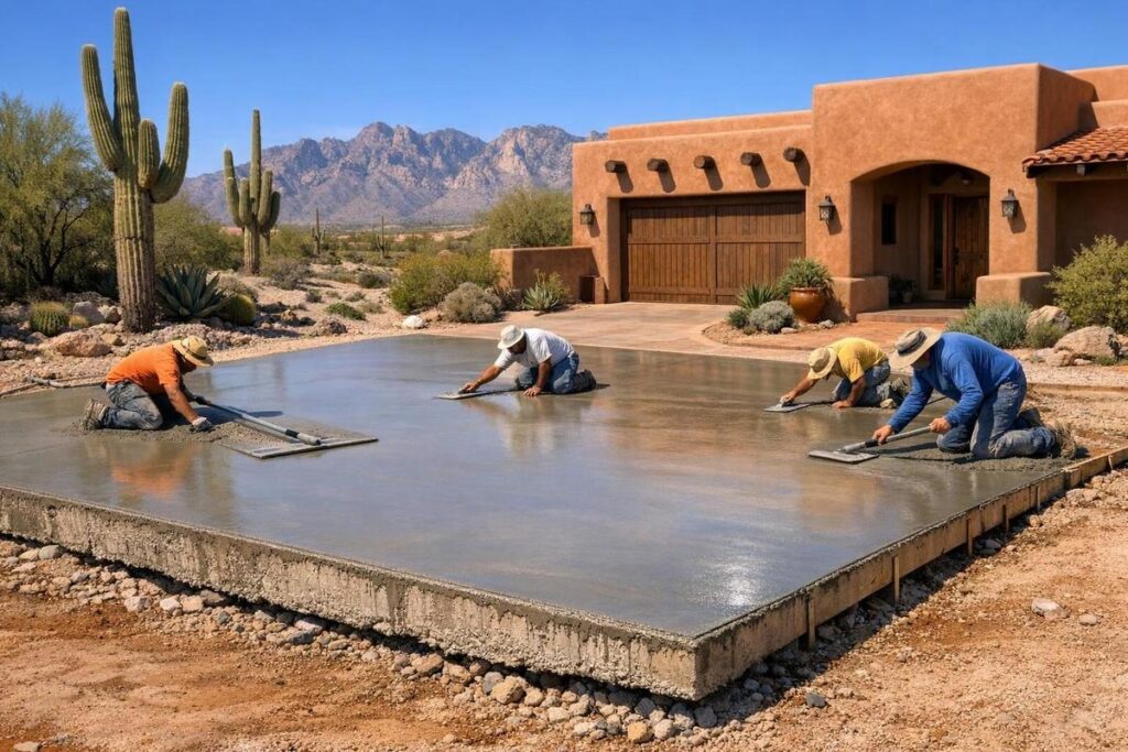 Proper concrete driveway thickness being poured at a Tucson Arizona home with desert landscape