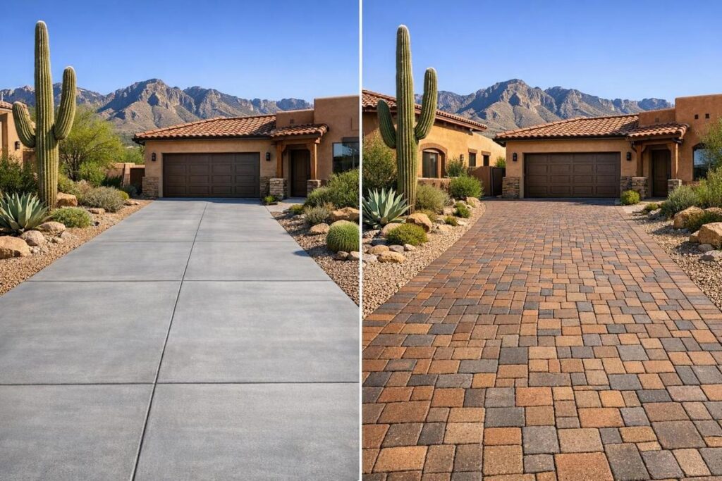 Concrete driveway versus pavers comparison at a Southwest style Tucson home