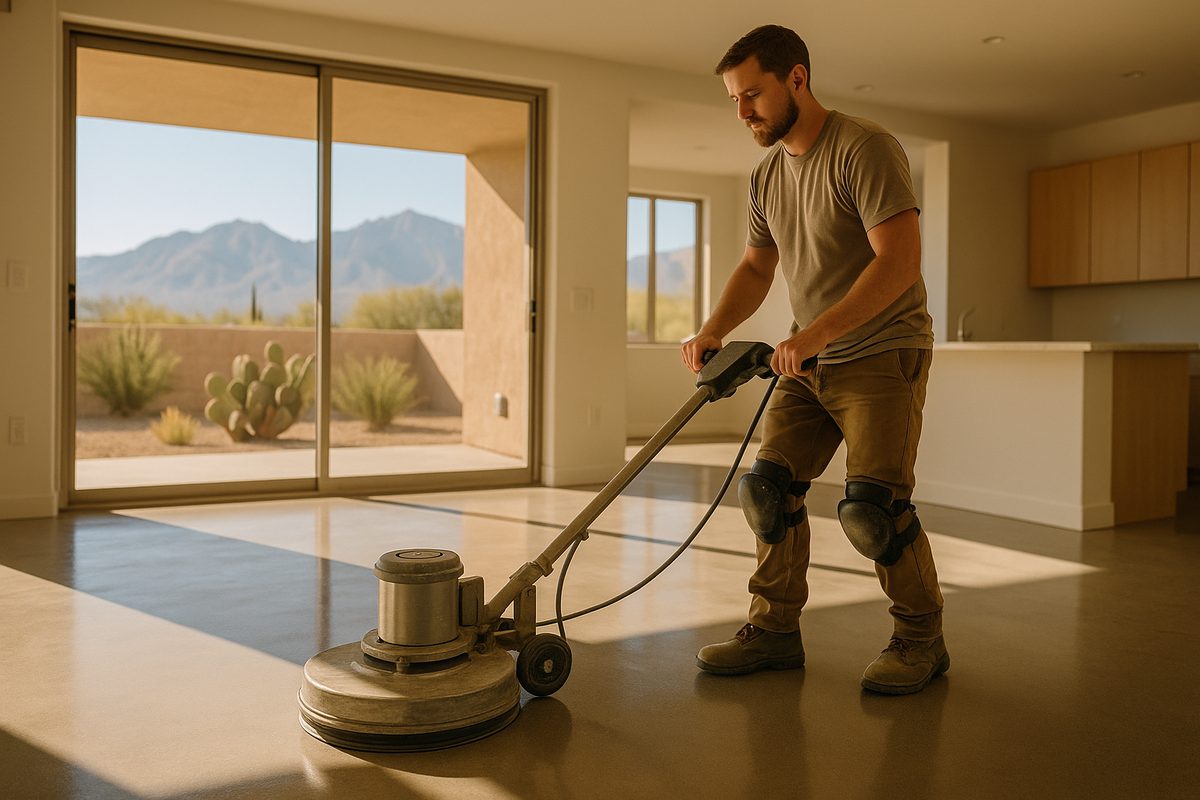 Specialist polishing a concrete floor inside a Tucson, Arizona home with desert mountain views