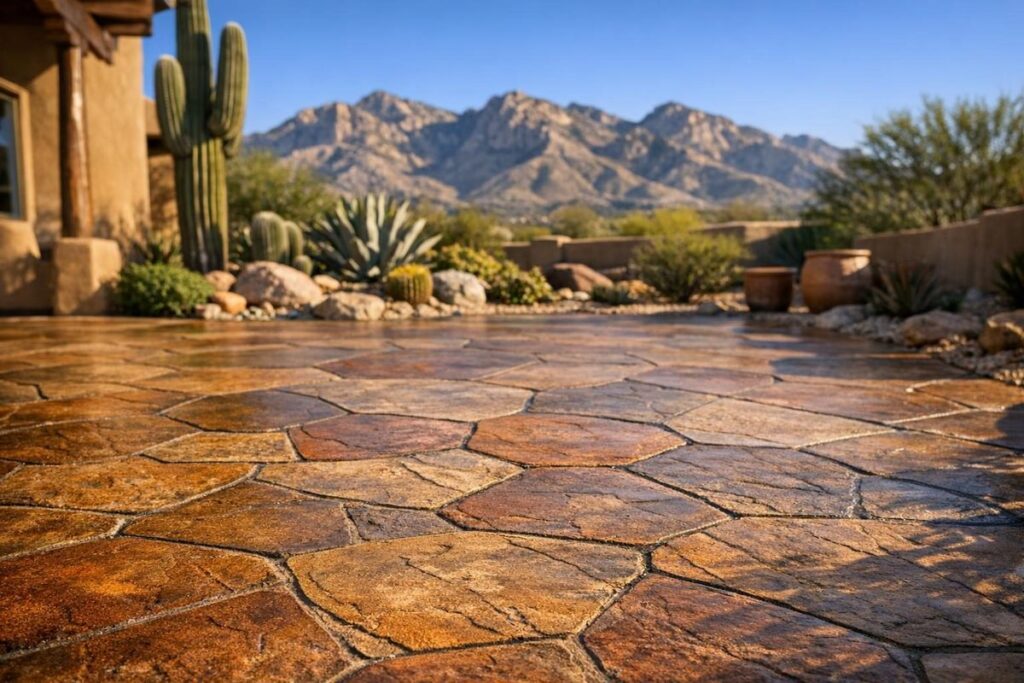 Stamped and stained decorative concrete patio with earth-tone patterns in Tucson Arizona