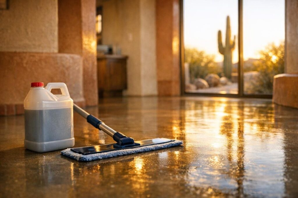 Professional concrete flooring maintenance with sealer application in a Tucson home