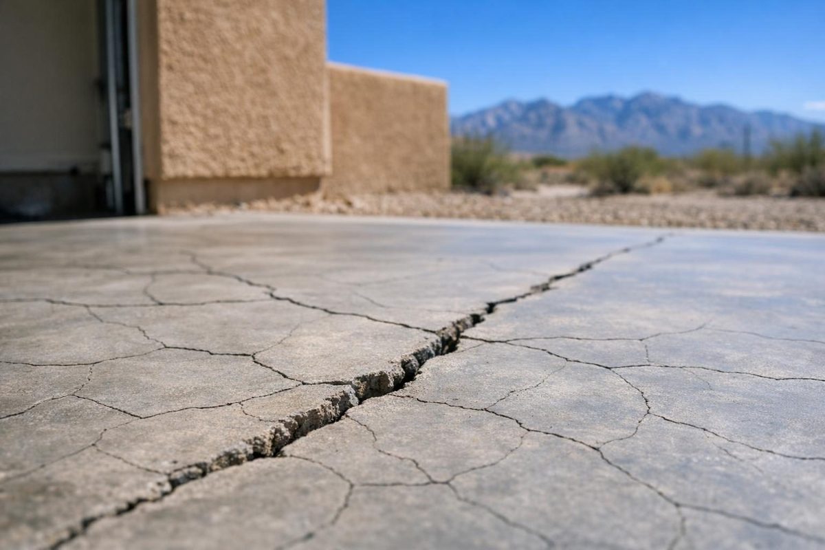 Cracked concrete flooring showing why concrete cracks at a Tucson residential property