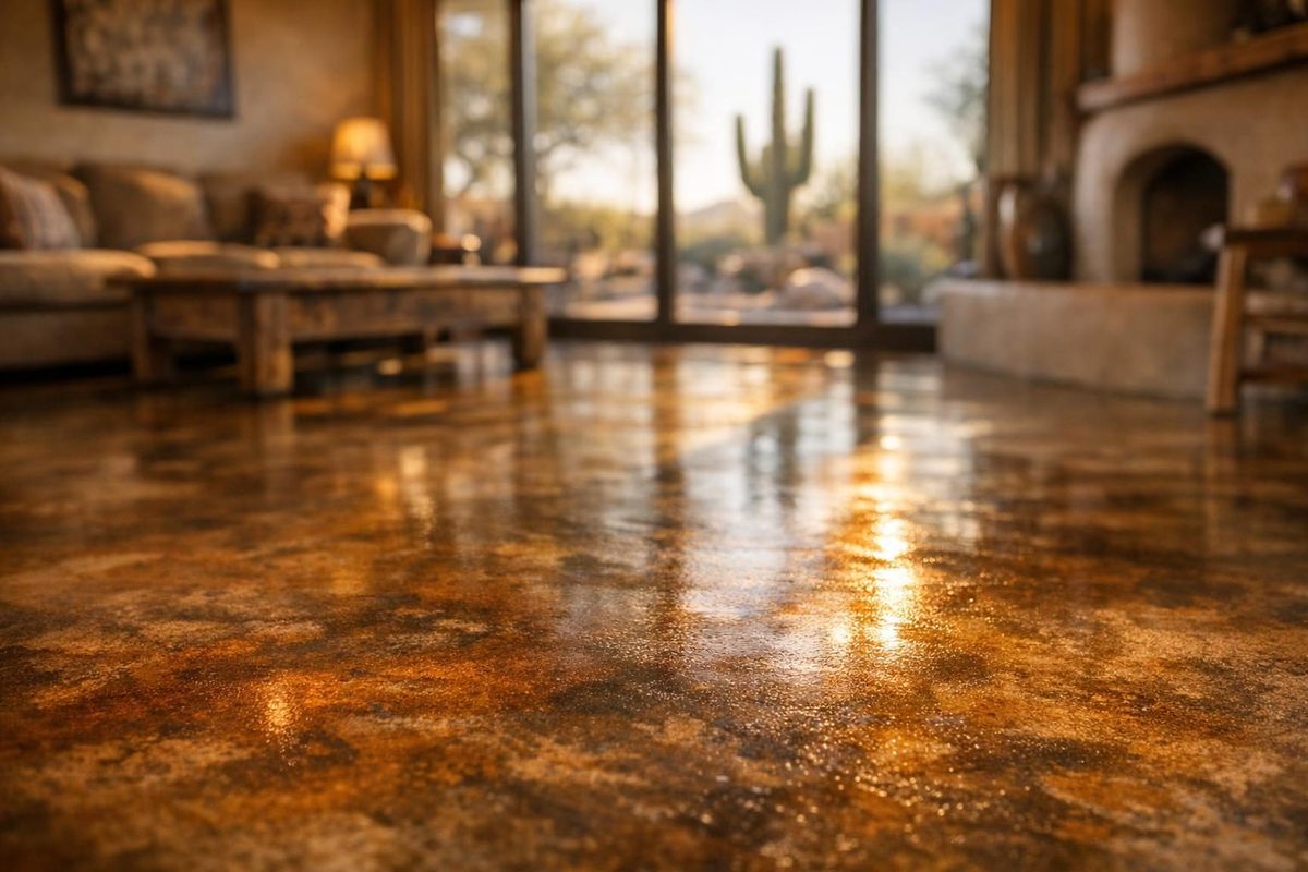 Stained concrete flooring in warm amber tones inside a Tucson Arizona home