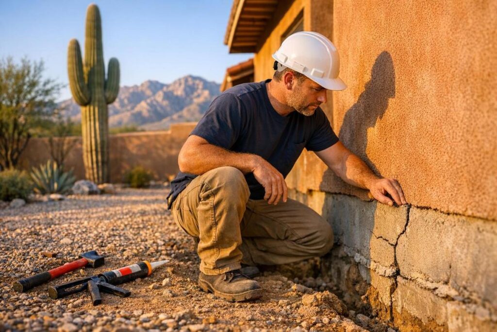 Contractor inspecting foundation repair methods at a Tucson Arizona stucco home