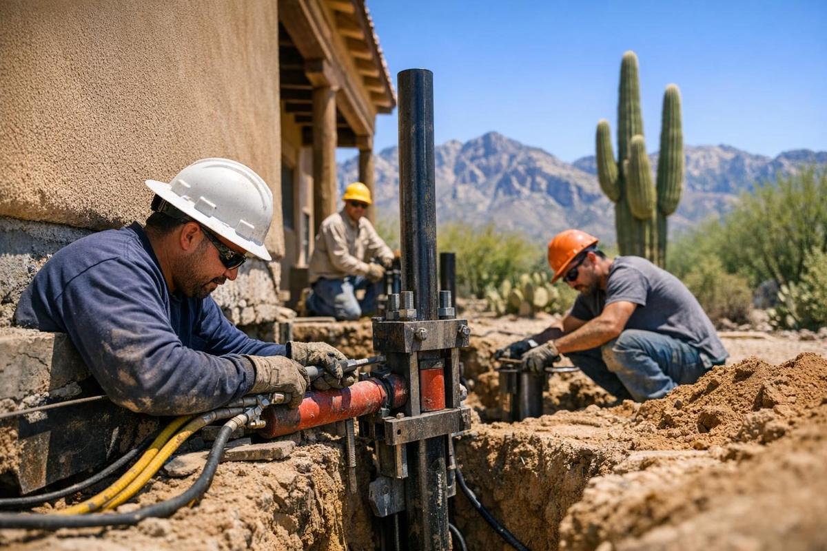 Foundation repair crew working on how long foundation repair takes in Tucson