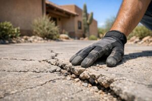 Common causes of concrete deterioration visible on a cracked Tucson driveway