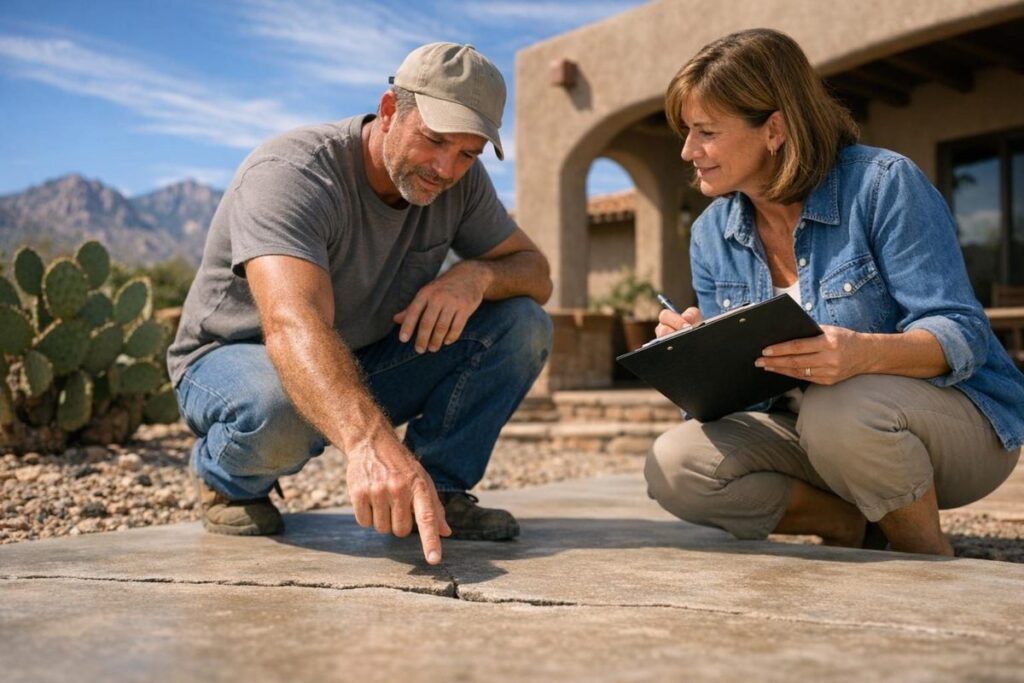Contractor estimating concrete repair cost at a Tucson residential property