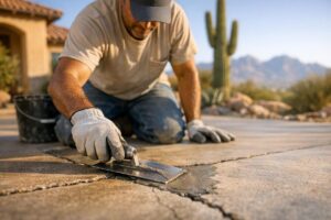 Professional concrete repair services on a cracked Tucson driveway with desert landscape