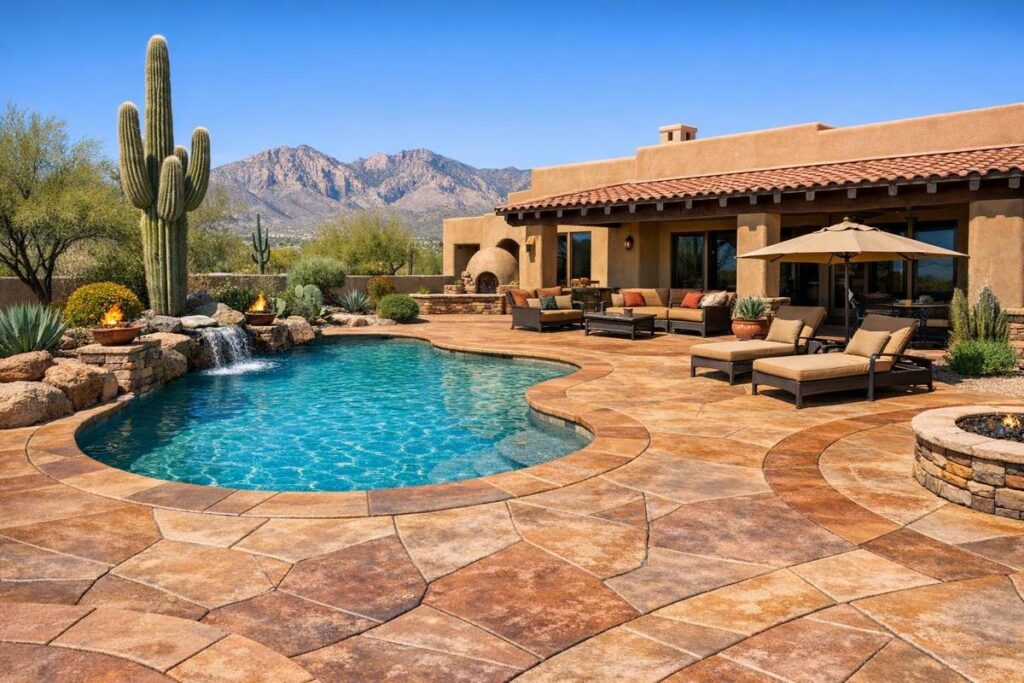 Decorative concrete ideas for pool deck and patio at a Tucson Arizona backyard