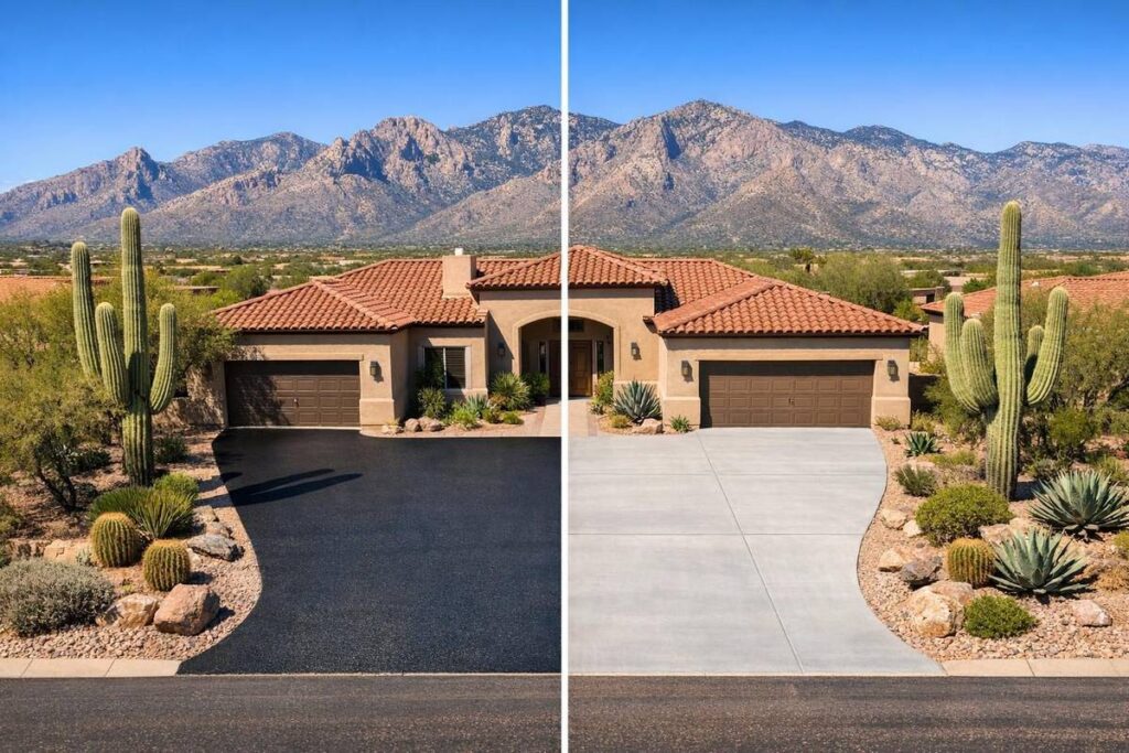 Asphalt versus concrete driveway cost comparison at a Tucson Arizona home with desert landscaping