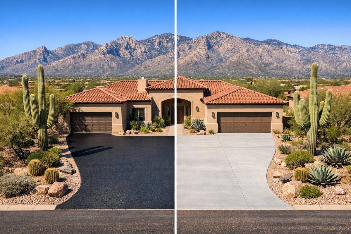 Asphalt versus concrete driveway cost comparison at a Tucson Arizona home with desert landscaping