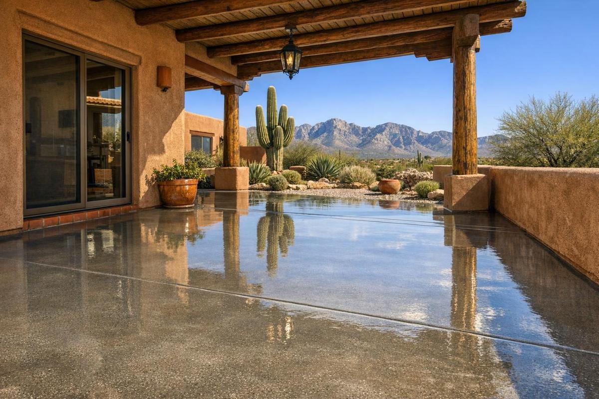 Durable concrete coating on Tucson patio showing how long concrete coatings last in Arizona sun