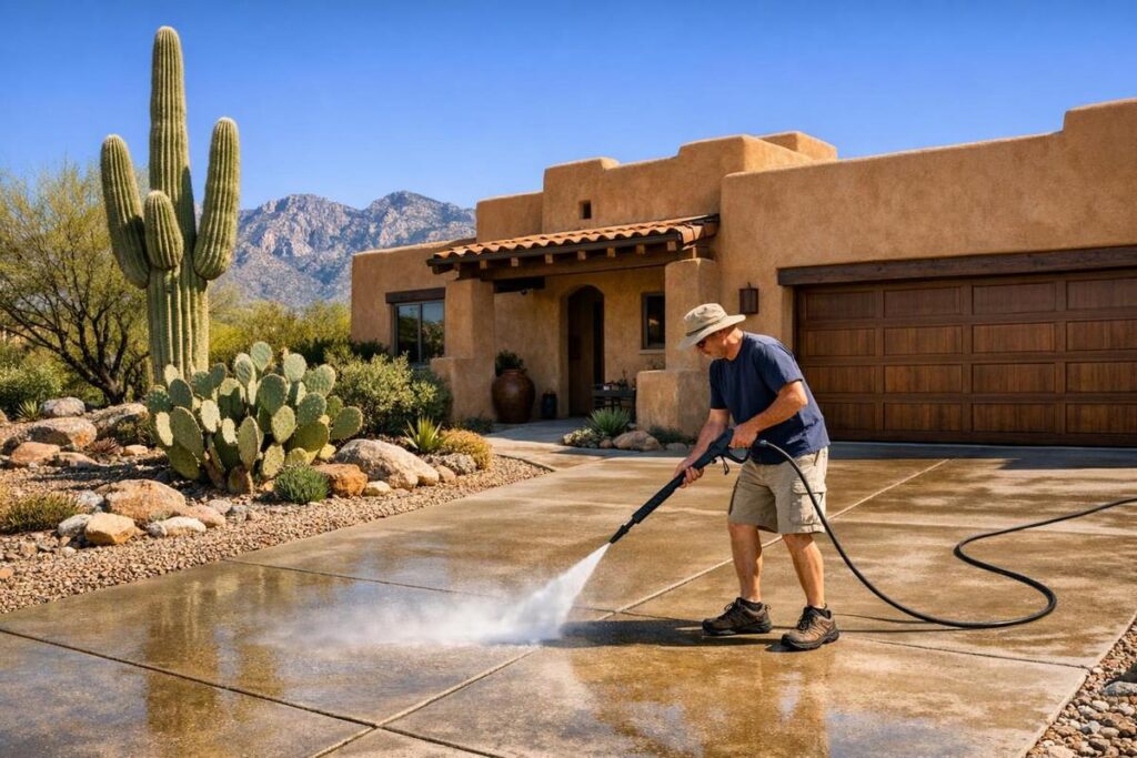 Homeowner pressure washing to maintain a concrete driveway in Tucson with saguaro cacti nearby