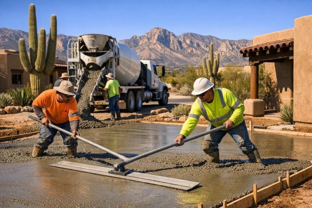 Concrete workers pouring a residential patio showing Tucson concrete prices and labor costs