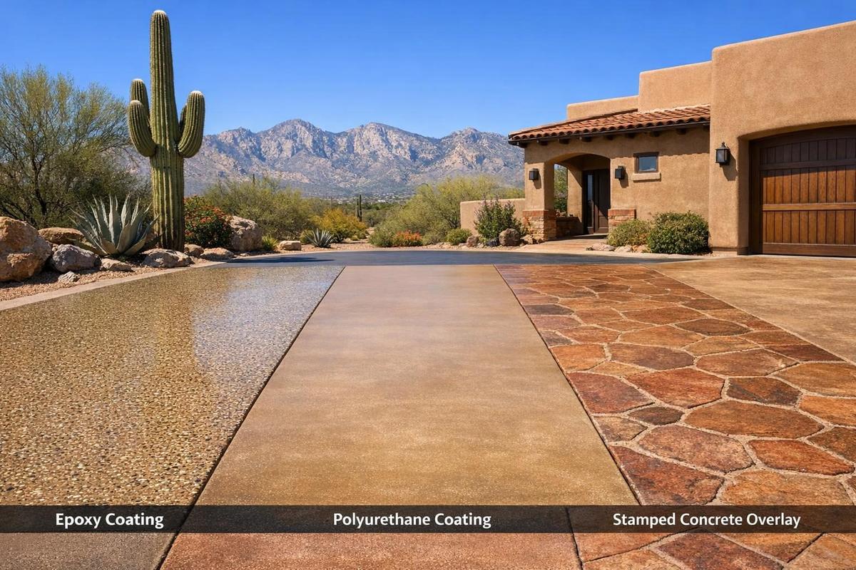 Different types of concrete coatings on a Tucson residential driveway with desert landscape