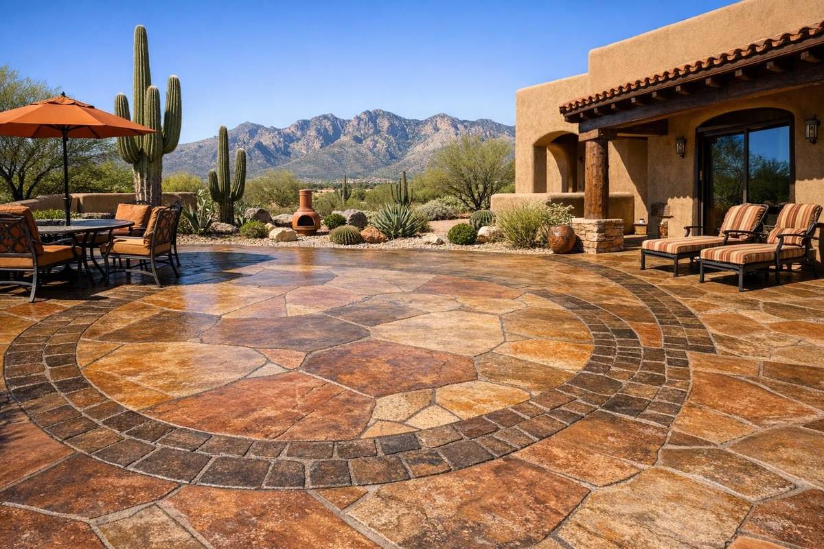Stamped decorative concrete patio with earth-tone colors at a Tucson Arizona home